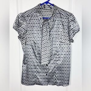Y2K Tie Neck Satin Geometric Print Short Sleeve Blouse Vintage Gray Black Medium